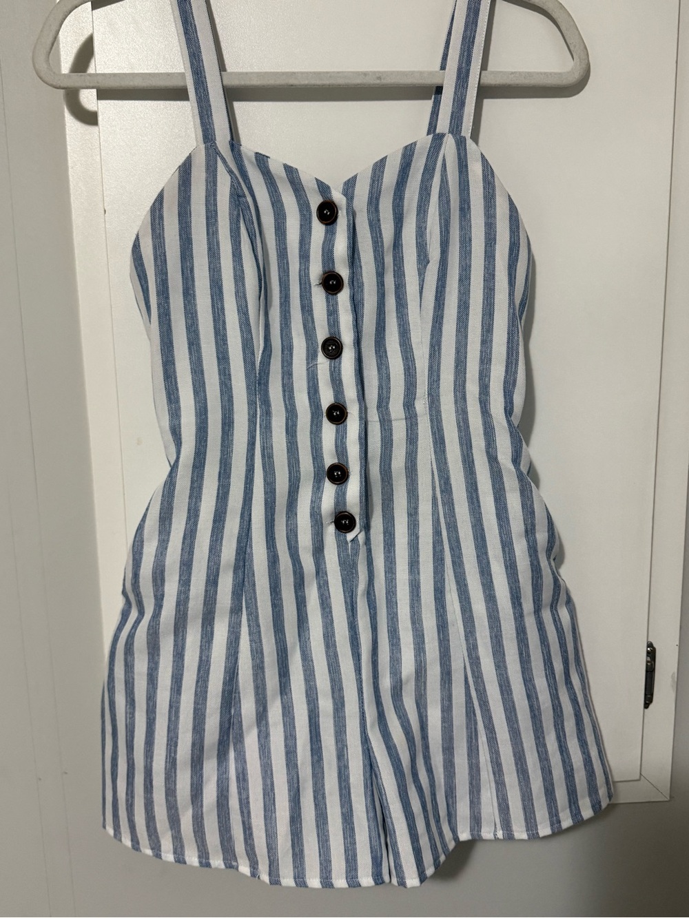 177. LinenLux Striped Blue & White Button-Front Romper Small Coastal Nautical